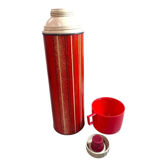 Vintage Red Striped Camping Thermos 1 Qt Vacuum Bottle With Cup Lid 1950s READ - Picture 10 of 13